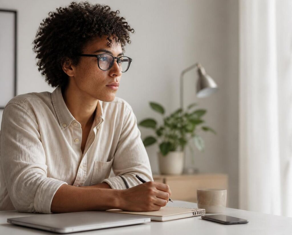 Young professional working at desk writing