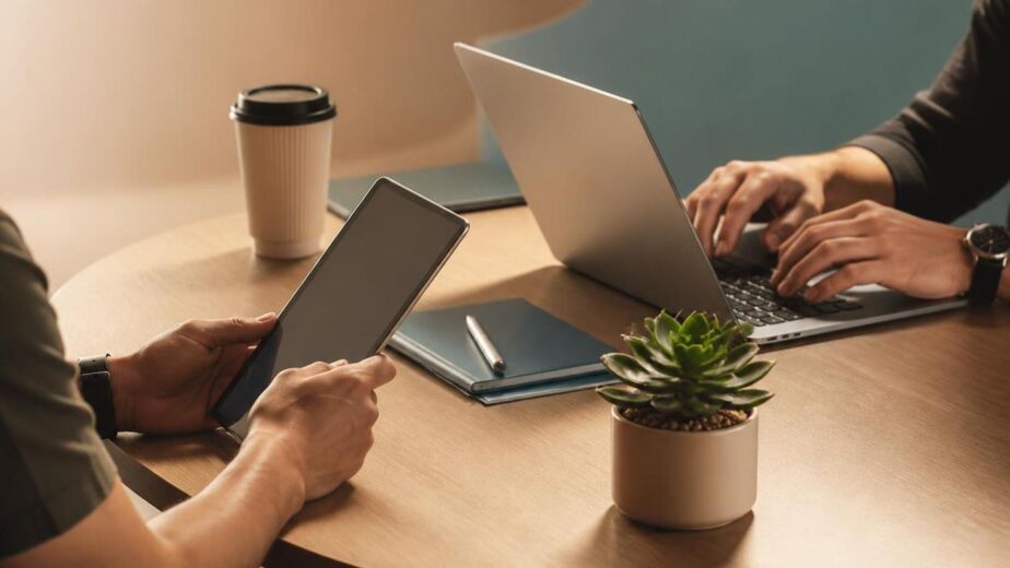 Two Colleagues Working at Round Table