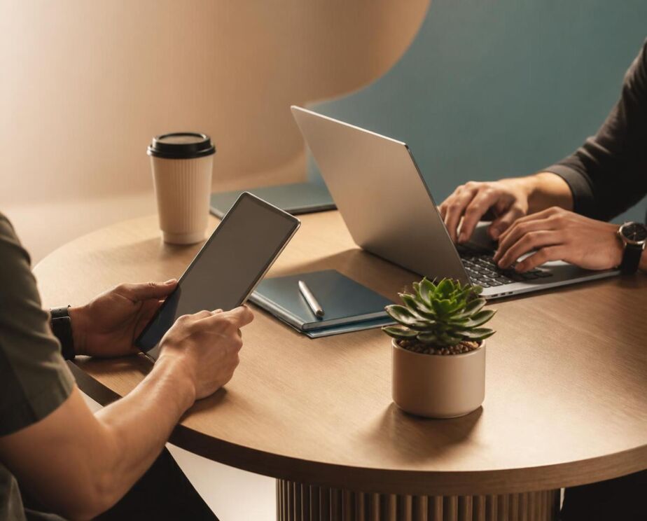 Two Colleagues Working at Round Table