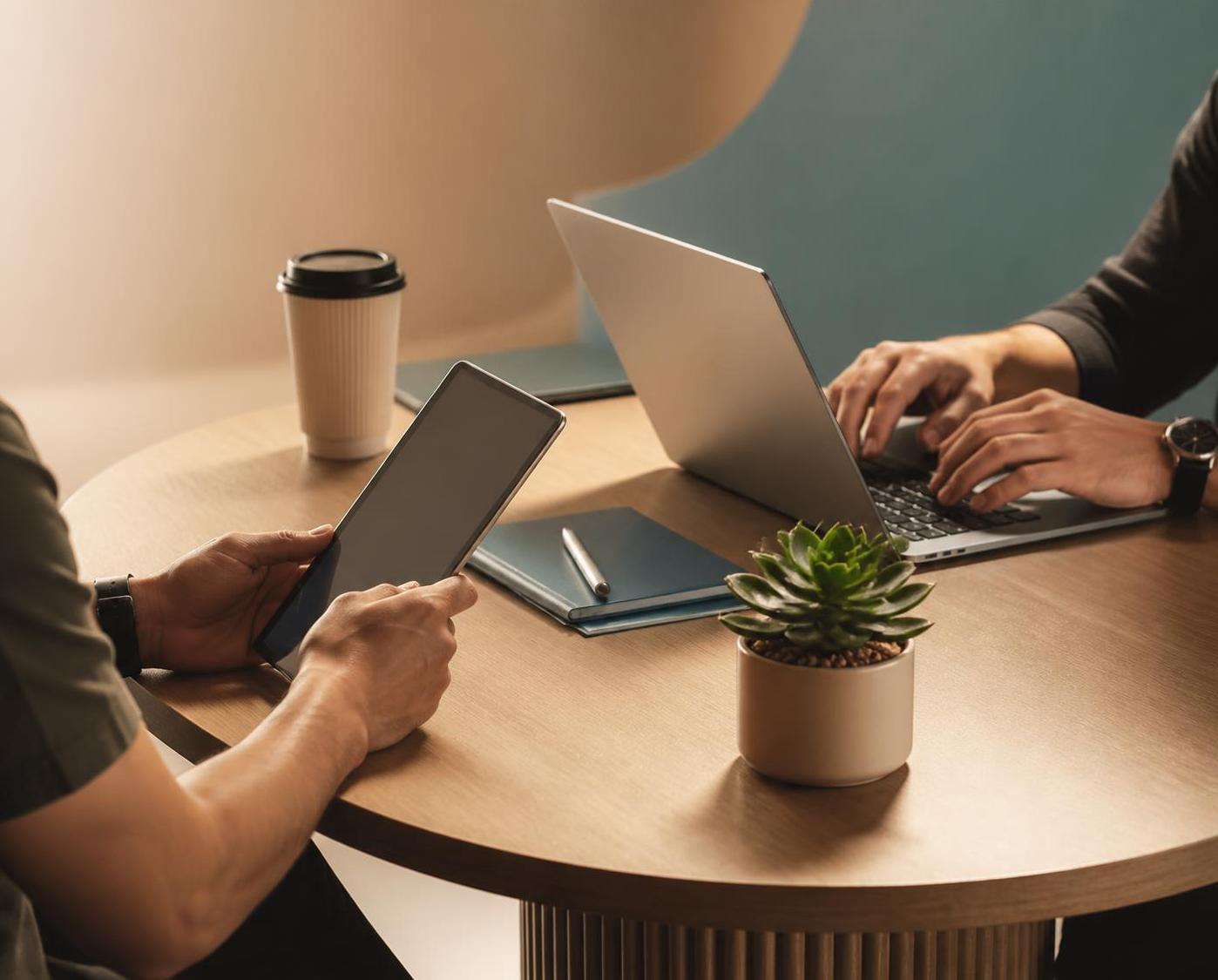 Two Colleagues Working at Round Table