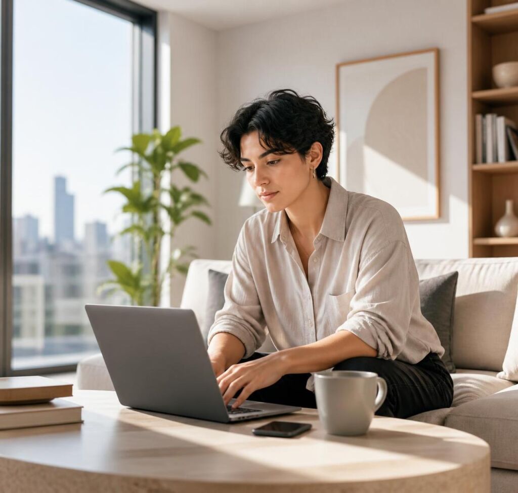 Professional Working Remotely on Sofa With Laptop