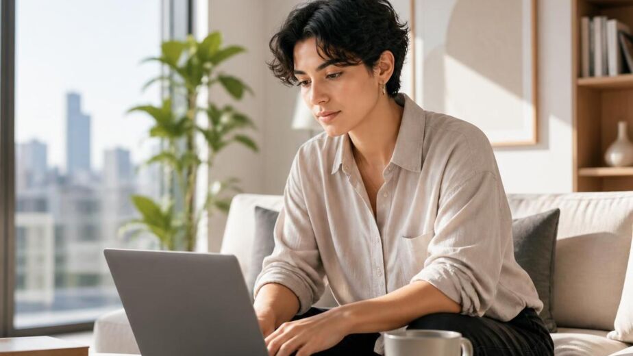 Professional Working Remotely on Sofa With Laptop