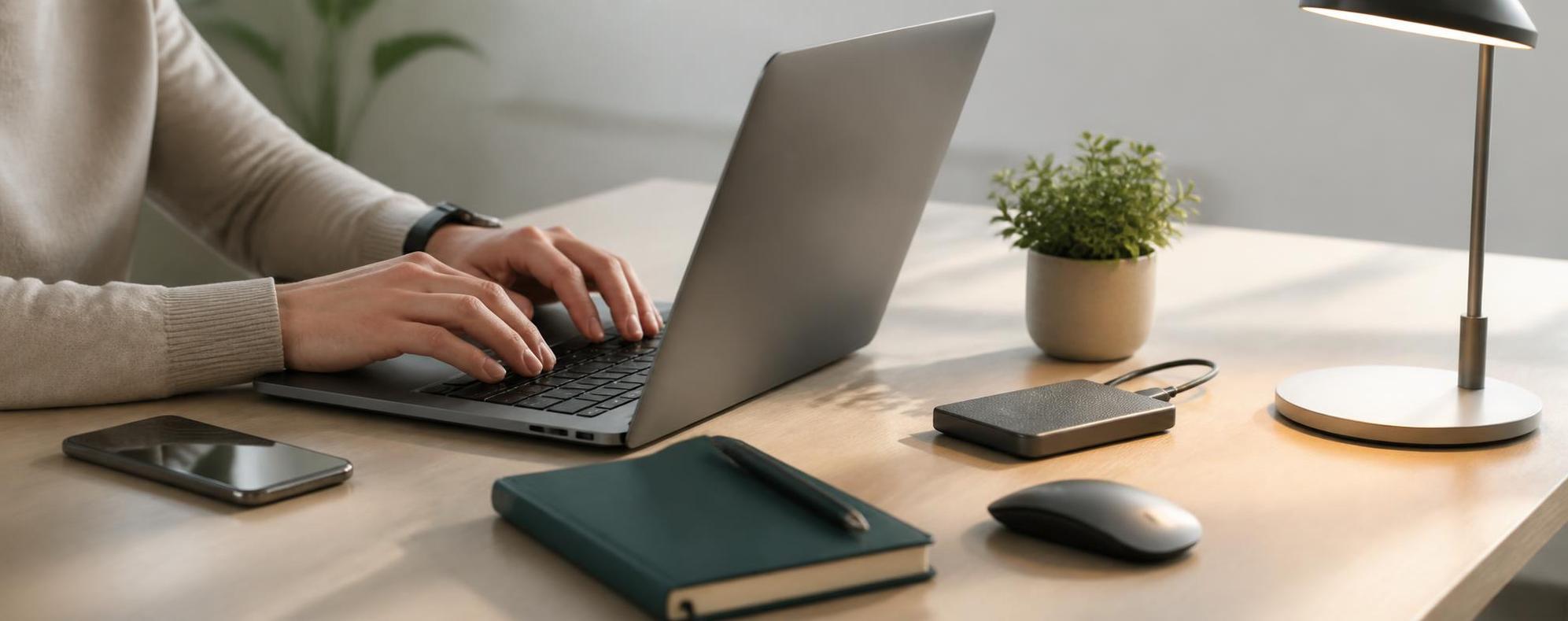 Minimal remote workspace with laptop and accessories