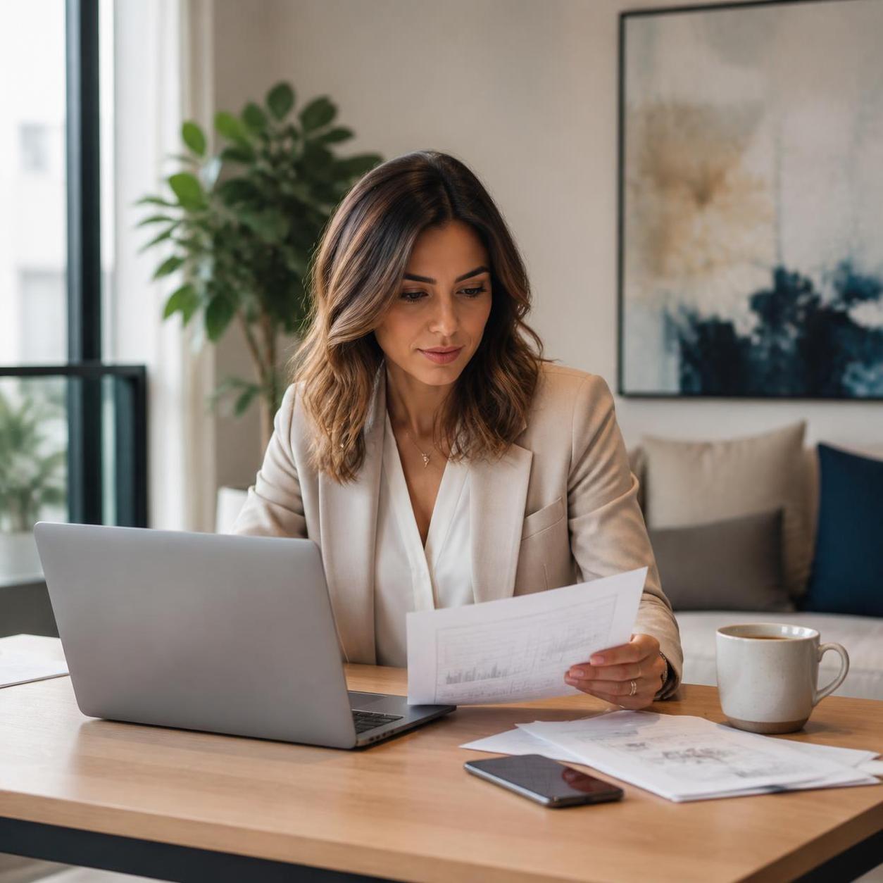 Professional woman reviewing documents at desk