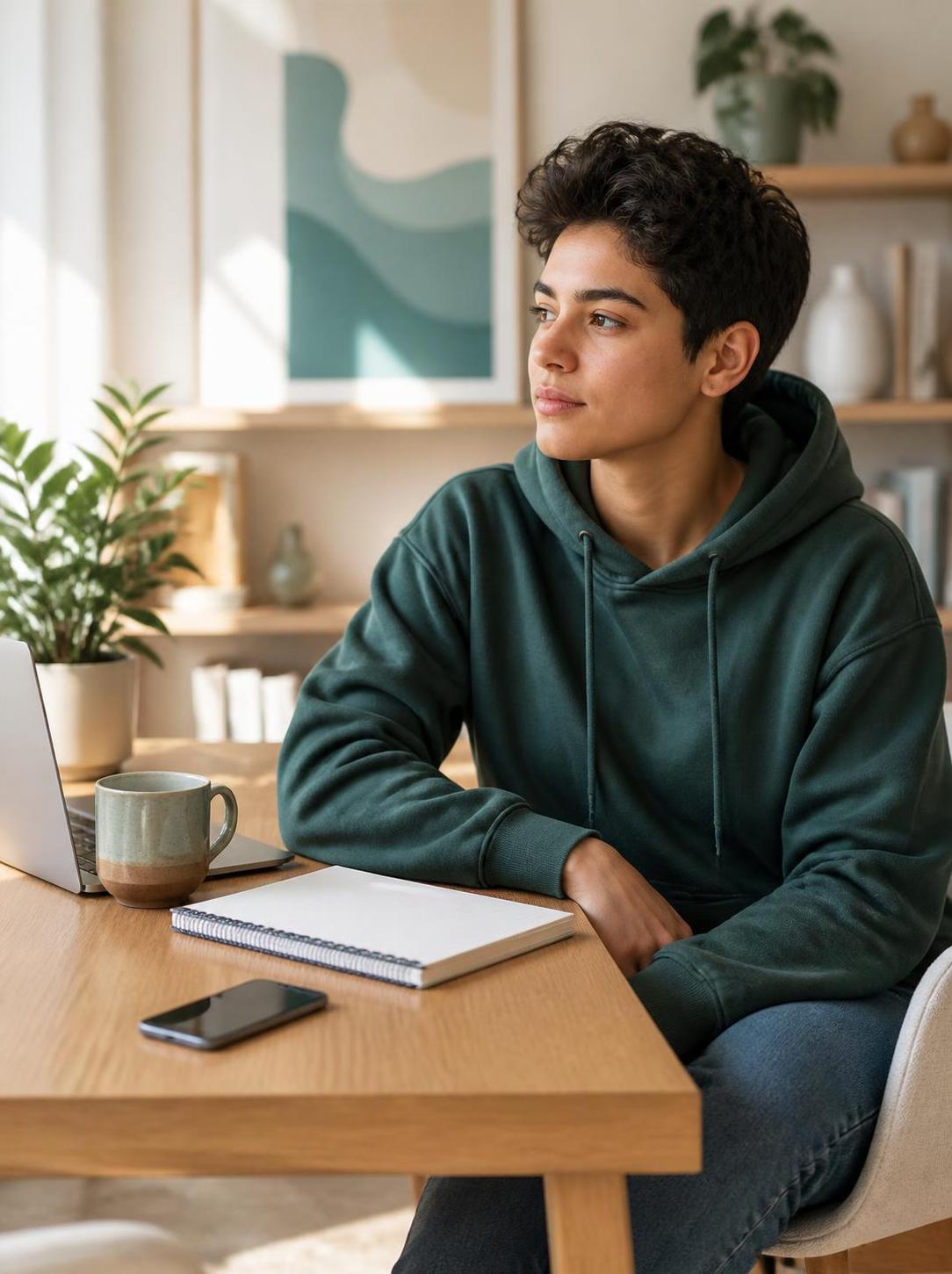 Person at cozy home workspace desk