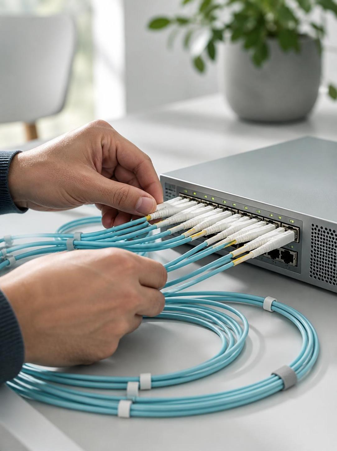 Technician Connecting Fiber Optic Switch