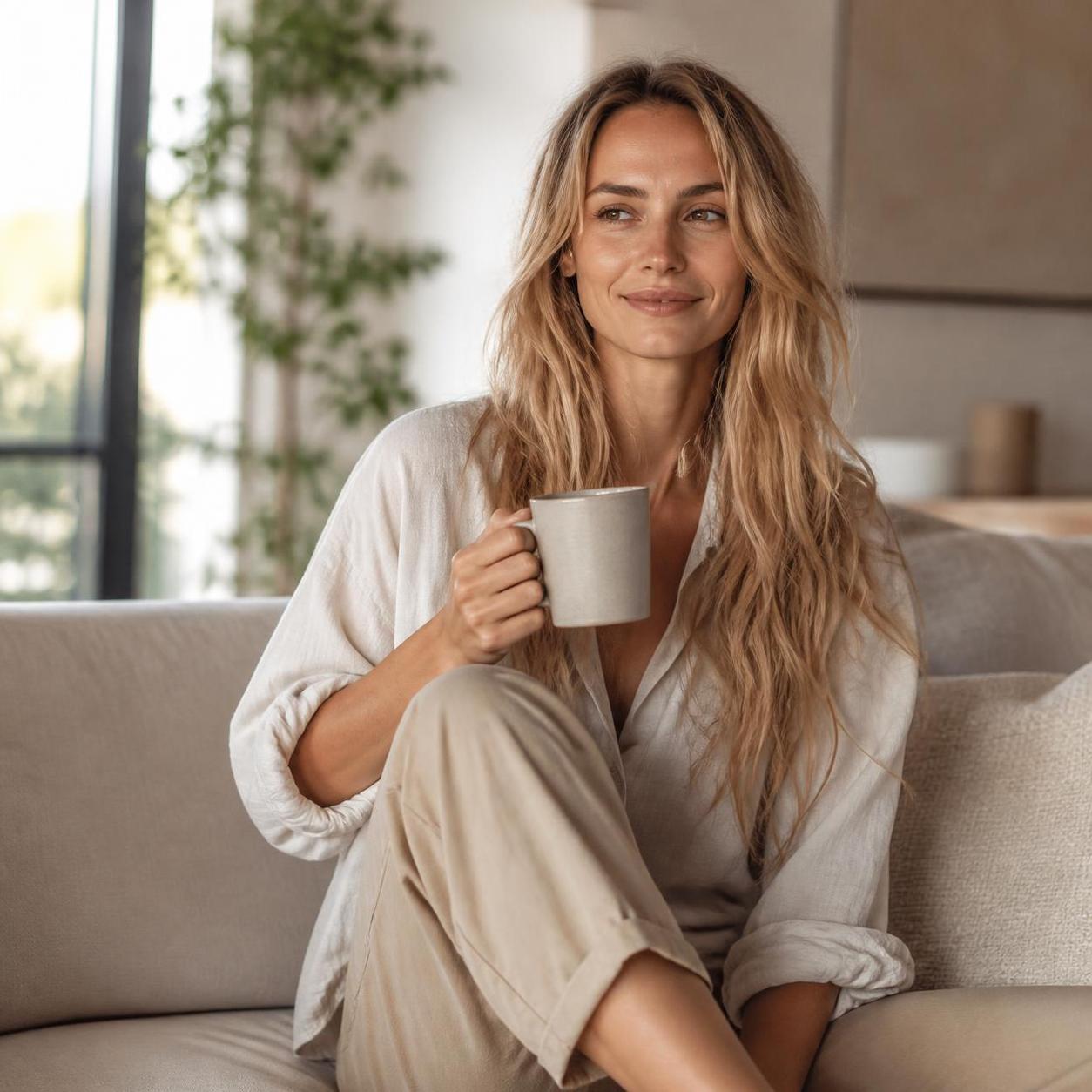 Relaxed woman holding coffee mug
