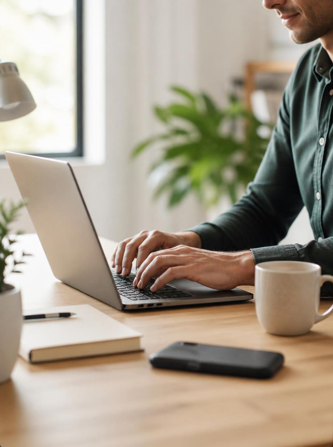 Person Typing Laptop at Wooden Desk