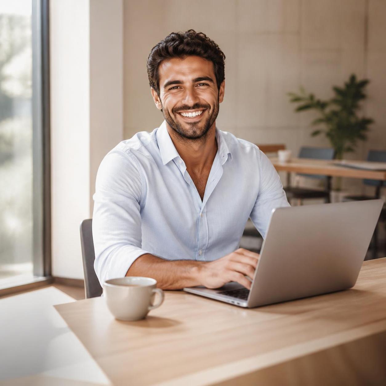 Smiling professional working at laptop
