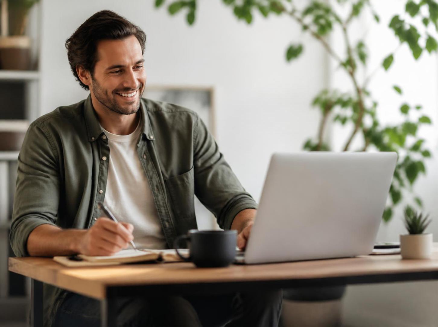 Smiling man working at home office