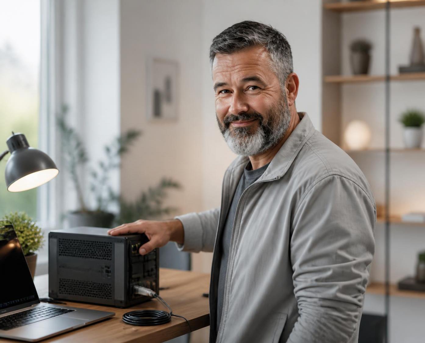 Smiling technician at home office desk
