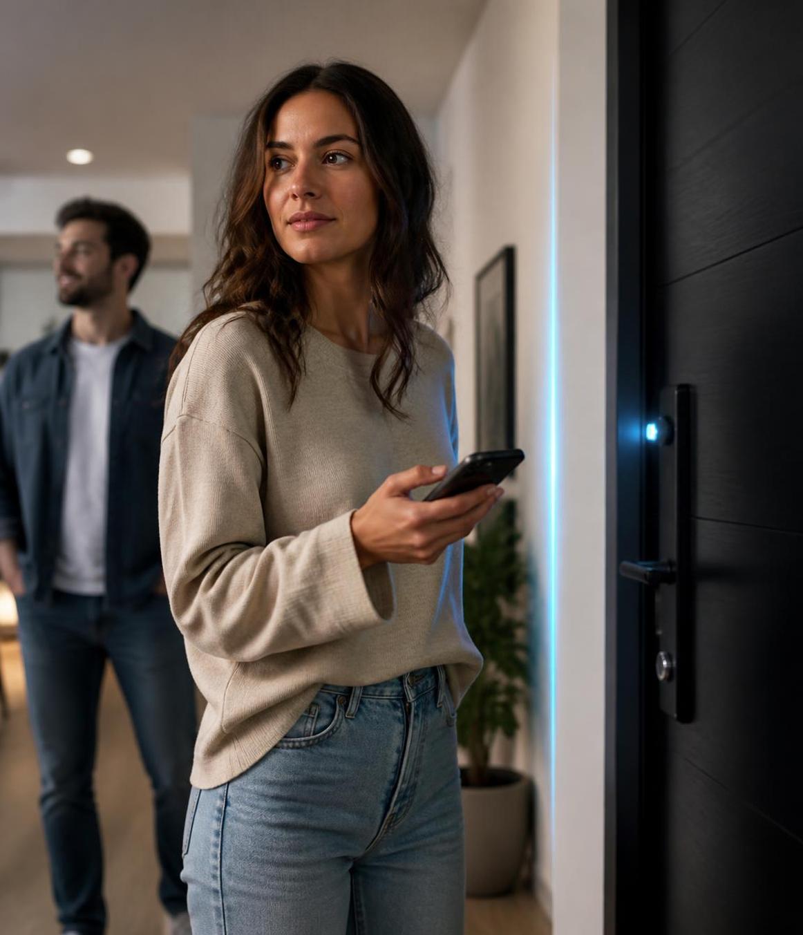Woman Unlocking Smart Door with Phone