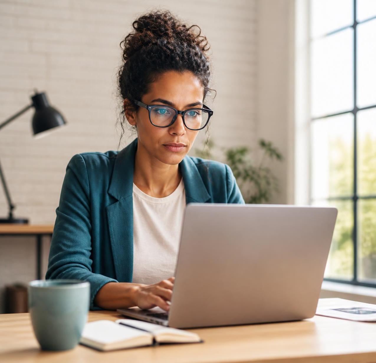 Focused professional woman working on laptop