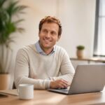 Smiling businessman working at laptop